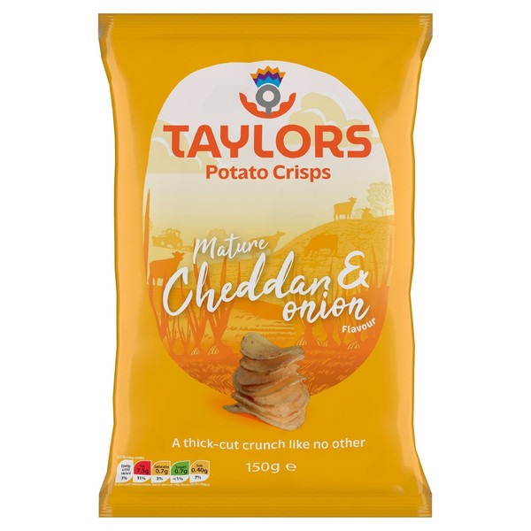 Taylors Mature Cheddar and Onion Potato Crisps, 150g, front of pack, available at crisps.biz