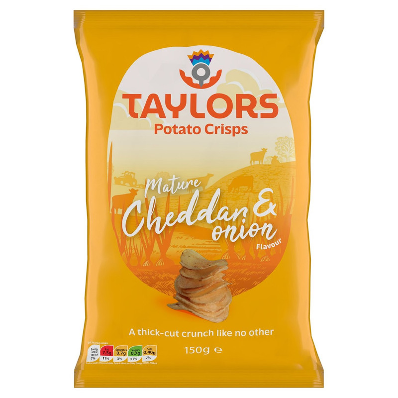 Taylors Mature Cheddar and Onion Potato Crisps, 150g, front of pack, available at crisps.biz