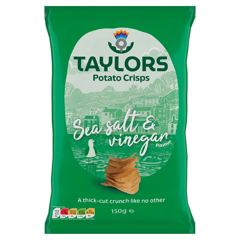 Taylors Sea Salt and Vinegar Potato Crisps, 150g, front of pack, available at crisps.biz
