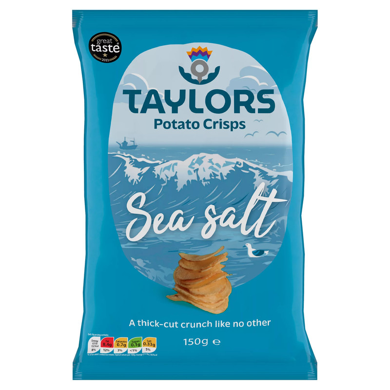 Taylors Sea Salt Potato Crisps, 150g, front of pack, available at crisps.biz