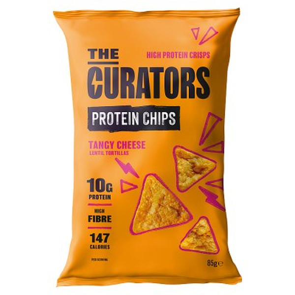 The Curators Tangy Cheese Protein Chips, 85g, front of pack, available at crisps.biz