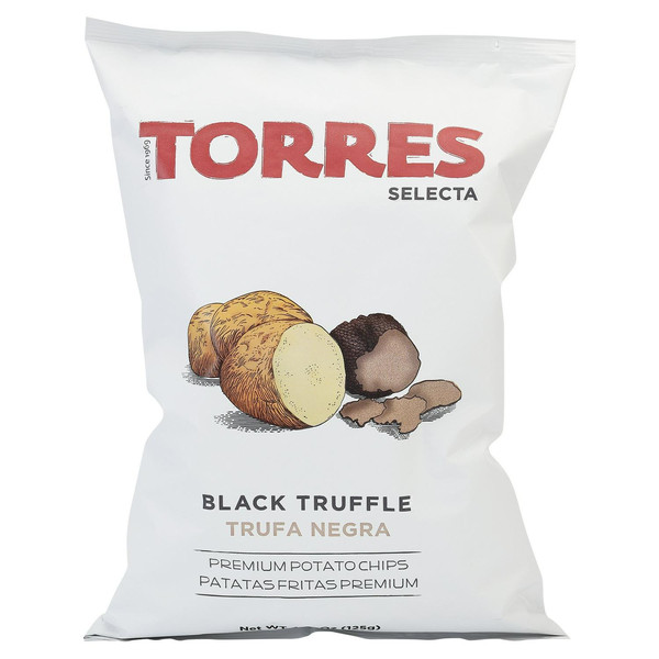Torres Black Truffle Crisps, 125g, front of pack, available at crisps.biz