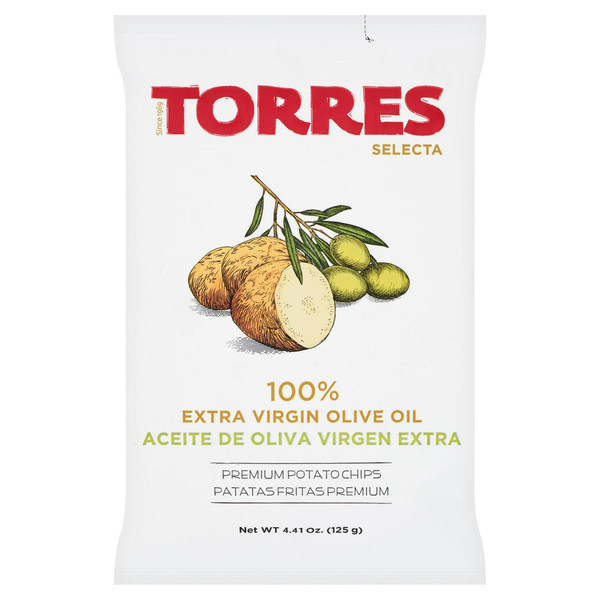Torres Extra Virgin Olive Oil Crisps, 125g, front of pack, available at crisps.biz