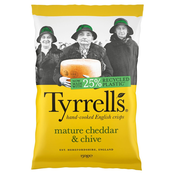 Tyrrells Cheddar Cheese and Chive Crisps, 150g, front of pack, available at crisps.biz