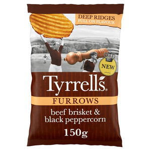 Tyrrells Furrows Beef Brisket and Black Peppercorn Crisps, 150g, front of pack, available at crisps.biz