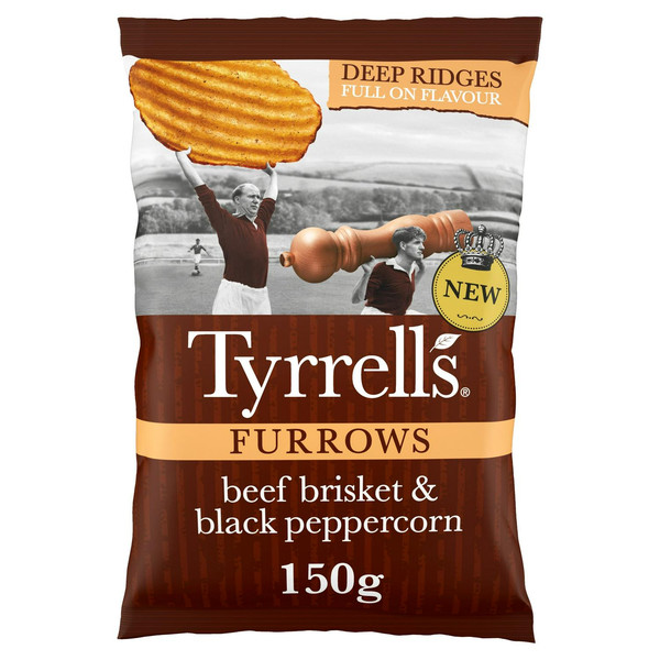 Tyrrells Furrows Beef Brisket and Black Peppercorn Crisps, 150g, front of pack, available at crisps.biz