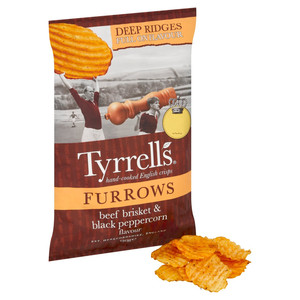 Tyrrells Furrows Beef Brisket and Black Peppercorn Crisps, 150g, pack shot 2, available at crisps.biz