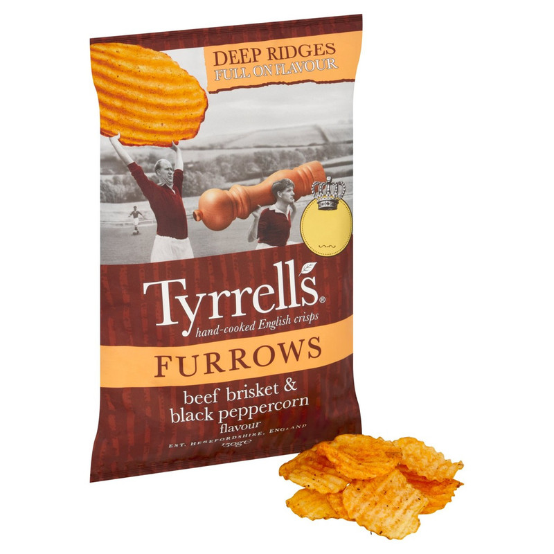 Tyrrells Furrows Beef Brisket and Black Peppercorn Crisps, 150g, pack shot 2, available at crisps.biz