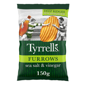 Tyrrells Furrows Sea Salt and Vinegar Crisps, 150g, front of pack, available at crisps.biz