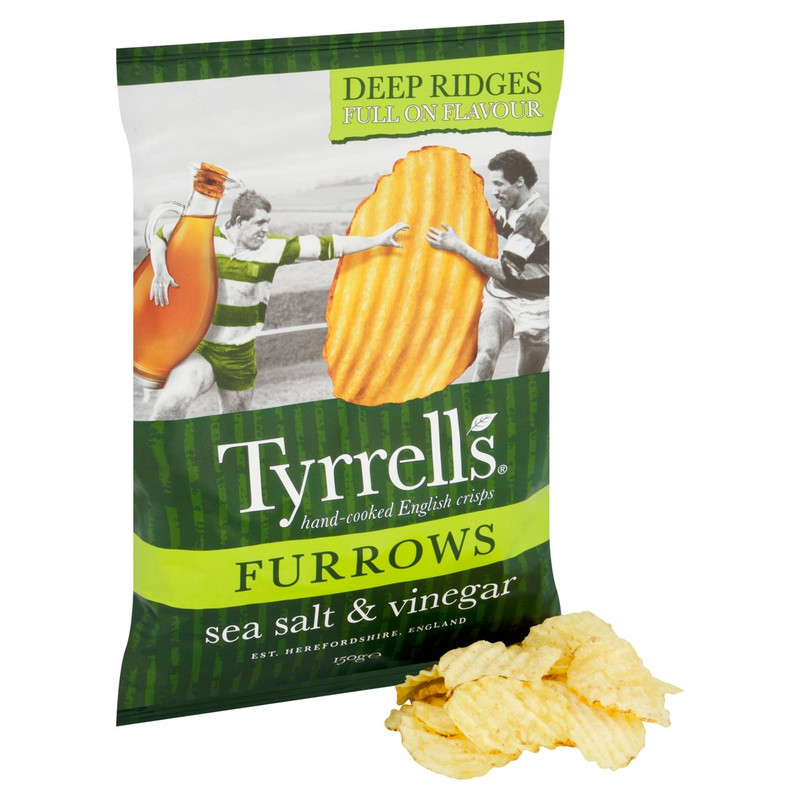 Tyrrells Furrows Sea Salt and Vinegar Crisps, 150g, pack shot 2, available at crisps.biz