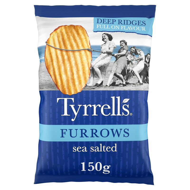 Tyrrells Furrows Sea Salted Crisps, 150g, front of pack, available at crisps.biz