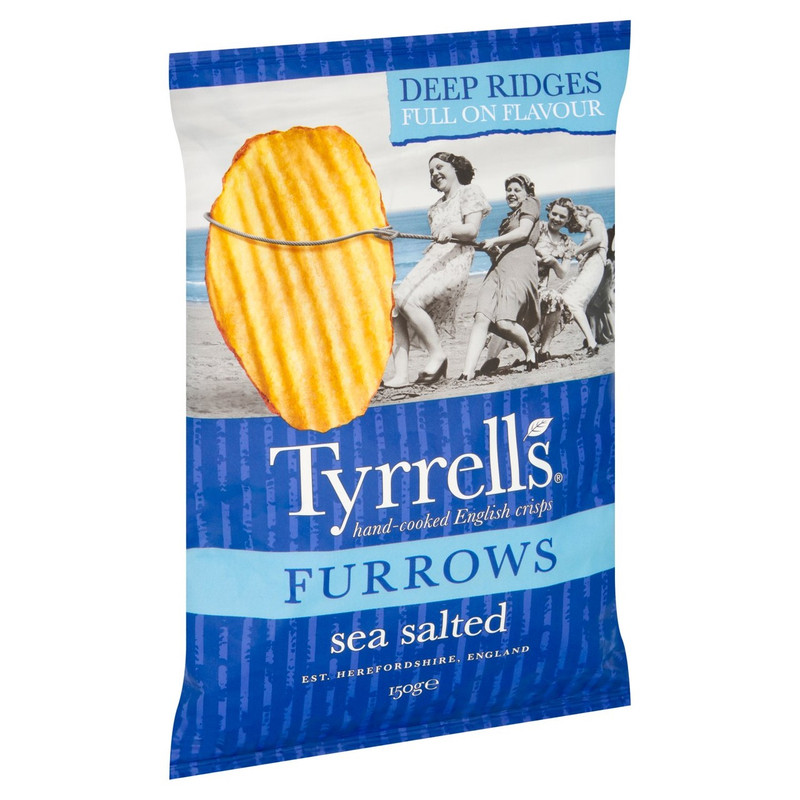 Tyrrells Furrows Sea Salted Crisps, 150g, pack shot 2, available at crisps.biz