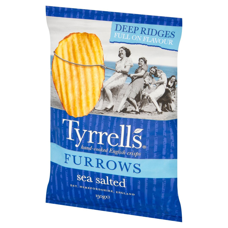 Tyrrells Furrows Sea Salted Crisps, 150g, pack shot 3, available at crisps.biz