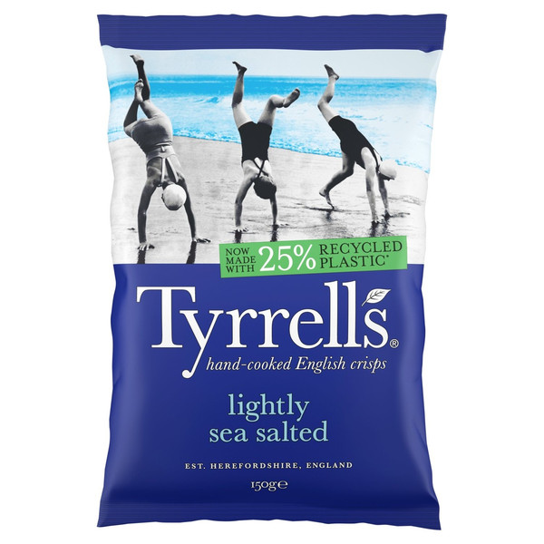 Tyrrells Lightly Sea Salted Crisps, 150g, front of pack, available at crisps.biz