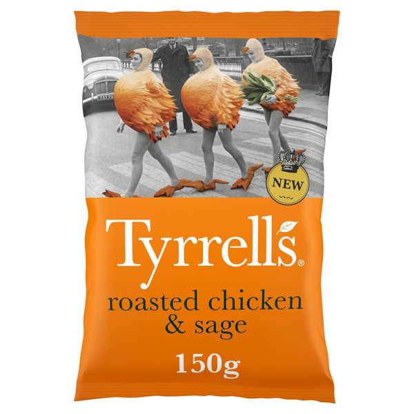 Tyrrells Roasted Chicken and Sage Crisps, 150g, front of pack, available at crisps.biz