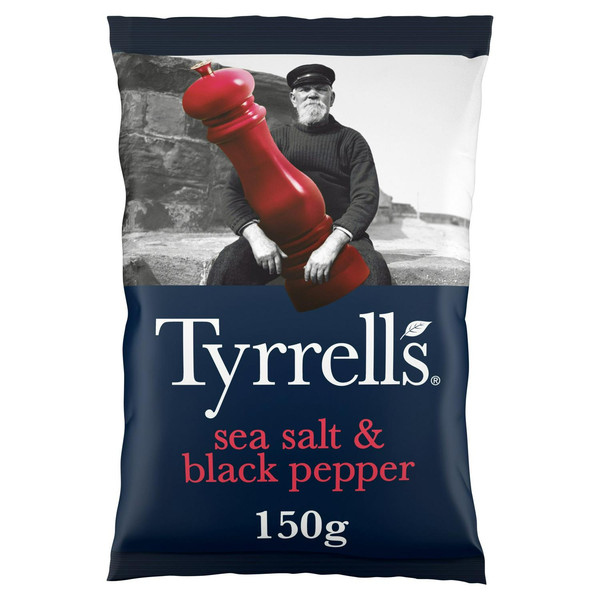 Tyrrells Sea Salt and Black Pepper Crisps, 150g, front of pack, available at crisps.biz