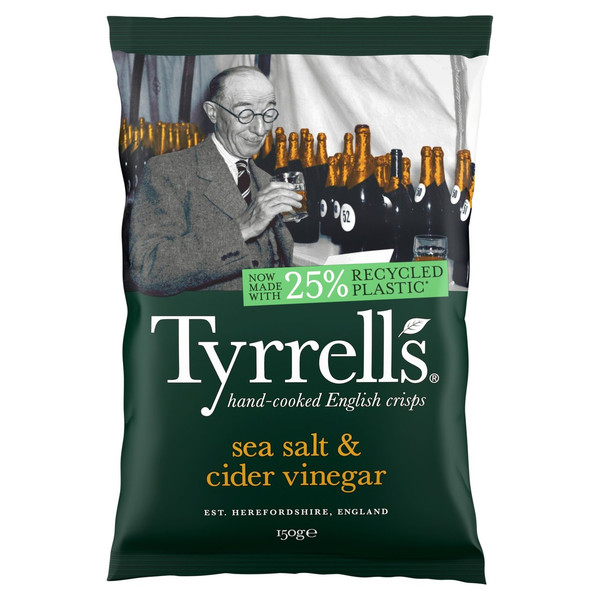 Tyrrells Sea Salt and Cider Vinegar Crisps, 150g, front of pack, available at crisps.biz