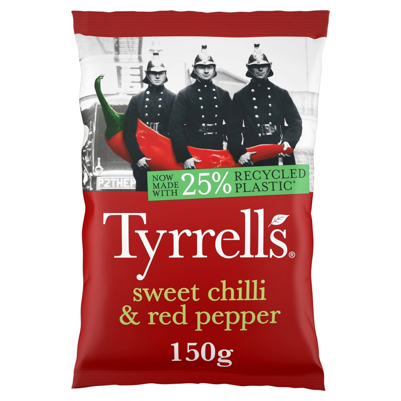 Tyrrells Sweet Chilli and Red Pepper Crisps, 150g, front of pack, available at crisps.biz
