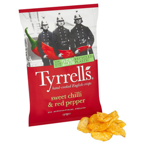 Tyrrells Sweet Chilli and Red Pepper Crisps, 150g, pack shot 2, available at crisps.biz