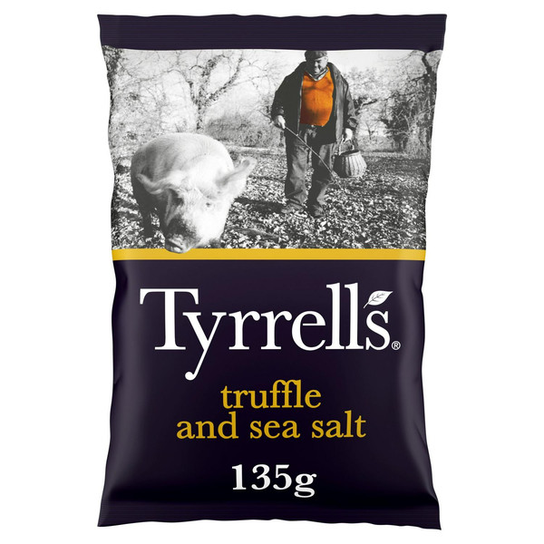 Tyrrells Truffle and Sea Salt Crisps, 135g, front of pack, available at crisps.biz