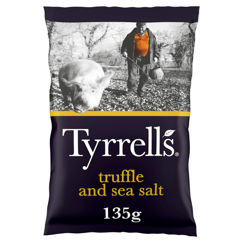 Tyrrells Truffle and Sea Salt Crisps, 135g, front of pack, available at crisps.biz