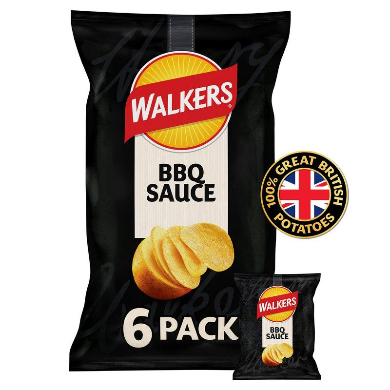 Walkers BBQ Sauce Crisps, 6 x 25g, front of pack, available at crisps.biz