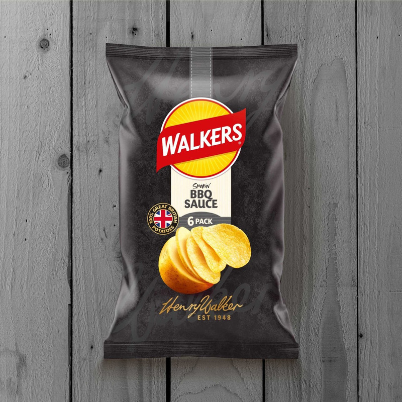 Walkers BBQ Sauce Crisps, 6 x 25g, pack shot 3, available at crisps.biz