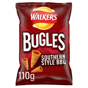 Walkers Bugles Southern Style BBQ Snacks, 110g, front of pack, available at crisps.biz