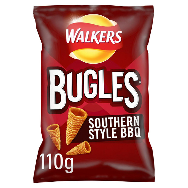 Walkers Bugles Southern Style BBQ Snacks, 110g, front of pack, available at crisps.biz