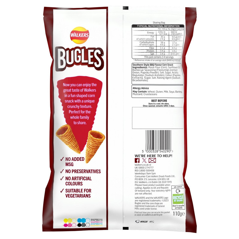 Walkers Bugles Southern Style BBQ Snacks, 110g, pack shot 2, available at crisps.biz