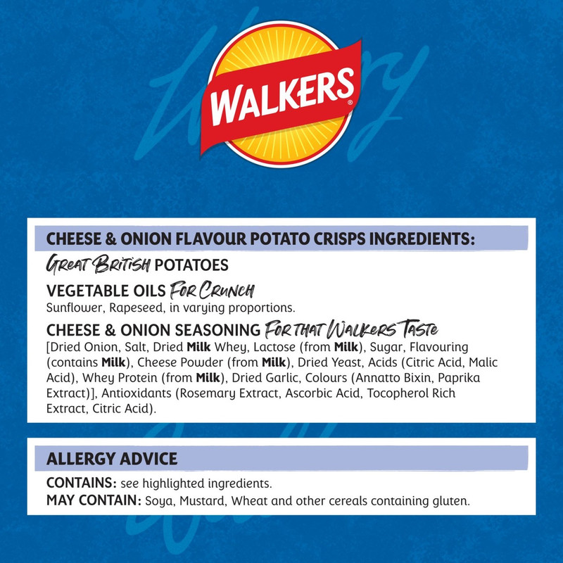 Walkers Cheese and Onion Crisps, 14 x 25g, pack shot 3, available at crisps.biz