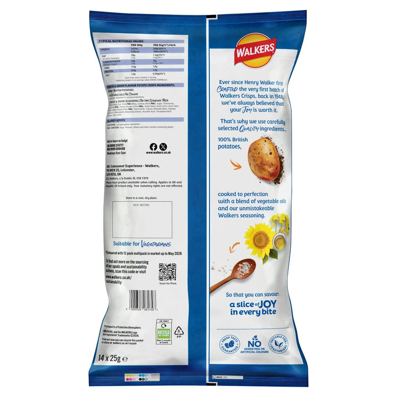 Walkers Cheese and Onion Crisps, 14 x 25g, pack shot 4, available at crisps.biz
