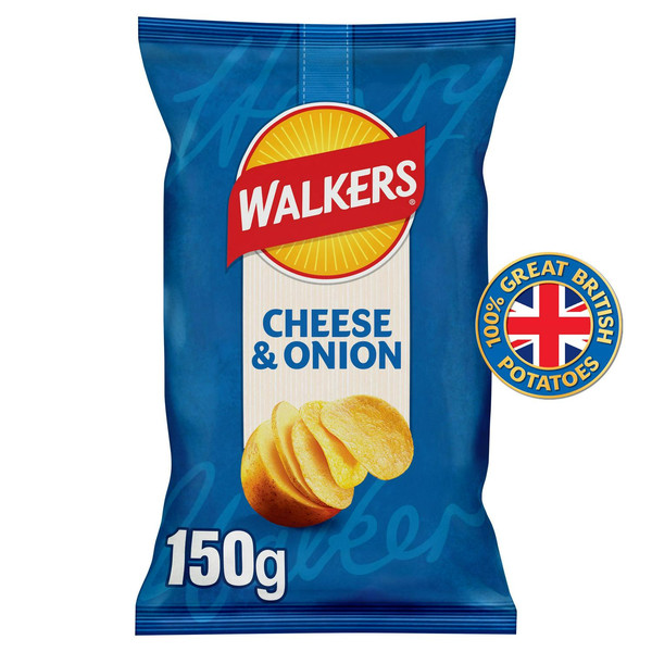 Walkers Cheese and Onion Crisps, 150g, front of pack, available at crisps.biz