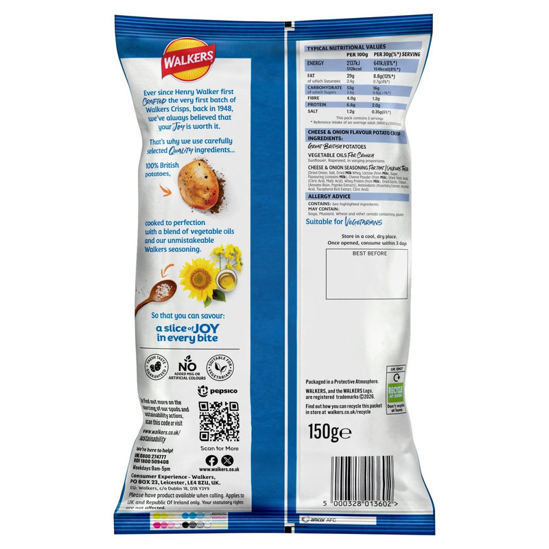 Walkers Cheese and Onion Crisps, 150g, pack shot 2, available at crisps.biz