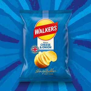 Walkers Cheese and Onion Crisps, 150g, pack shot 3, available at crisps.biz