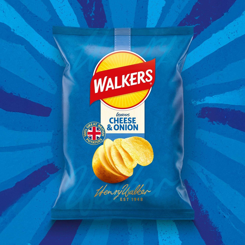 Walkers Cheese and Onion Crisps, 150g, pack shot 3, available at crisps.biz