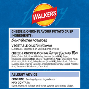 Walkers Cheese and Onion Crisps, 150g, pack shot 4, available at crisps.biz