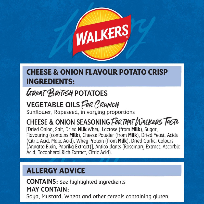 Walkers Cheese and Onion Crisps, 150g, pack shot 4, available at crisps.biz