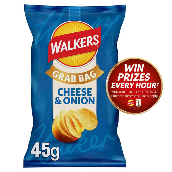 Walkers Cheese and Onion Crisps, 45g, front of pack, available at crisps.biz