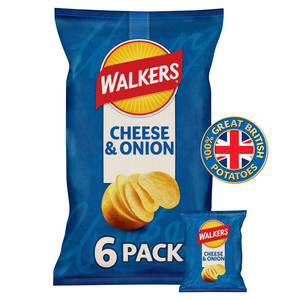 Walkers Cheese and Onion Crisps, 6 x 25g, front of pack, available at crisps.biz