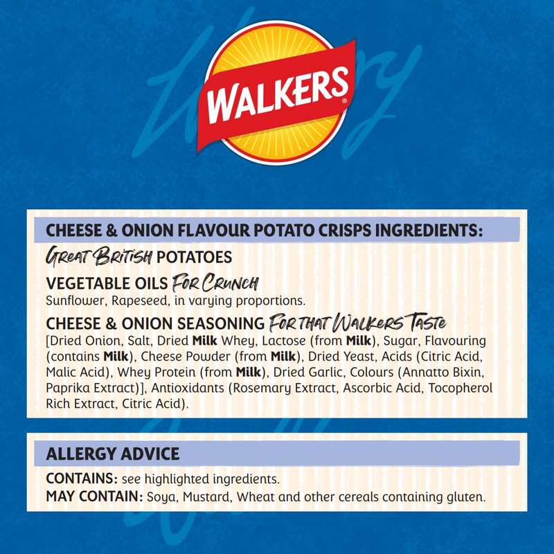 Walkers Cheese and Onion Crisps, 6 x 25g, pack shot 4, available at crisps.biz