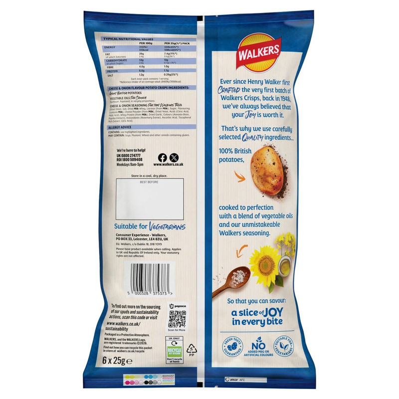 Walkers Cheese and Onion Crisps, 6 x 25g, pack shot 5, available at crisps.biz