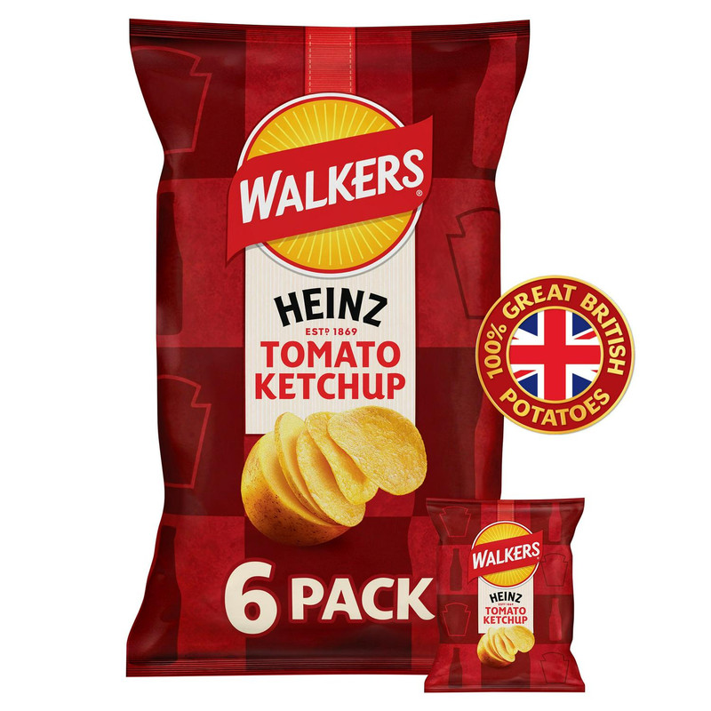 Walkers Heinz Tomato Ketchup Crisps, 6 x 25g, front of pack, available at crisps.biz