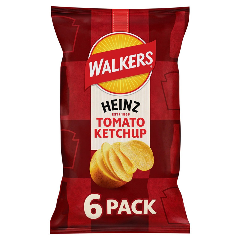 Walkers Heinz Tomato Ketchup Crisps, 6 x 25g, pack shot 2, available at crisps.biz