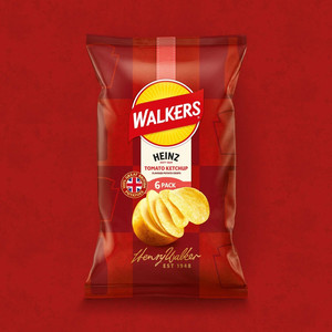 Walkers Heinz Tomato Ketchup Crisps, 6 x 25g, pack shot 3, available at crisps.biz
