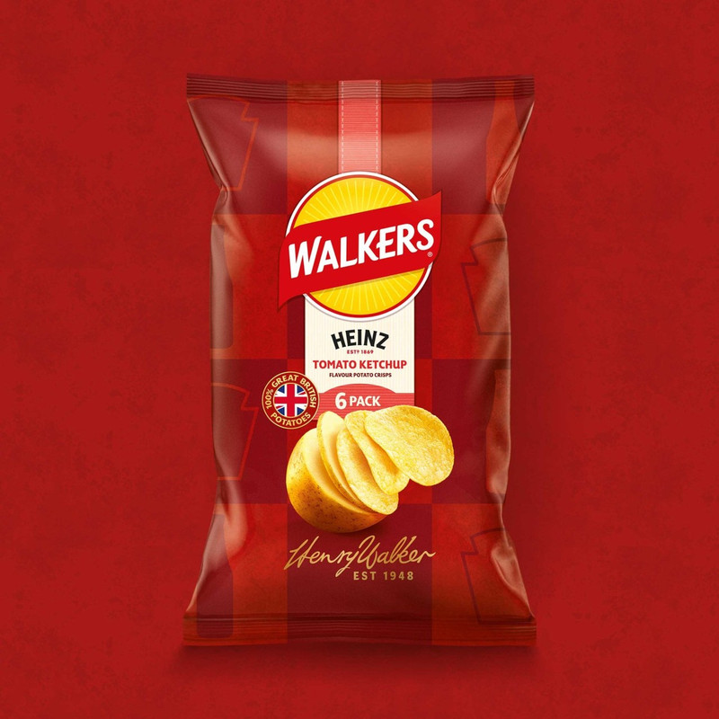 Walkers Heinz Tomato Ketchup Crisps, 6 x 25g, pack shot 3, available at crisps.biz