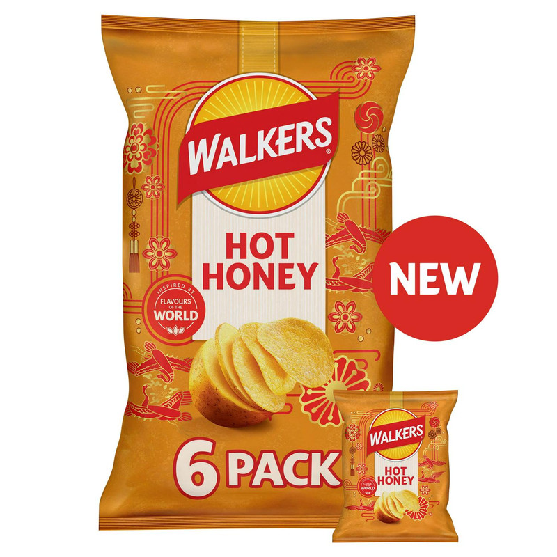 Walkers Hot Honey Crisps, 6 x 25g, front of pack, available at crisps.biz