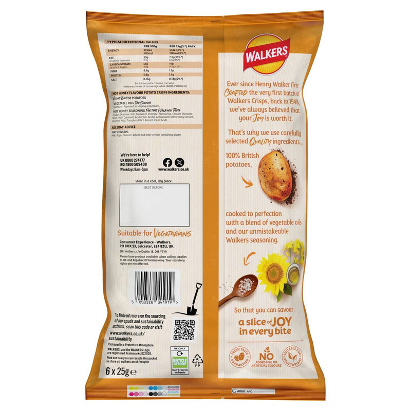Walkers Hot Honey Crisps, 6 x 25g, pack shot 2, available at crisps.biz
