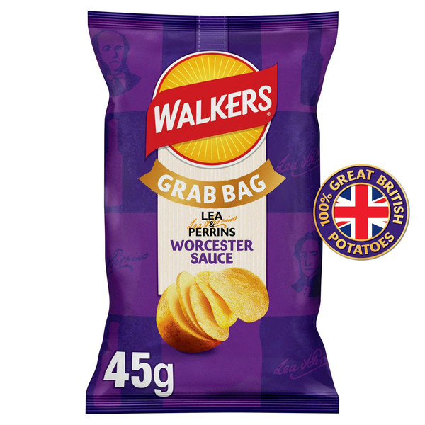 Walkers Lea and Perrins Worcester Sauce Crisps, 45g, front of pack, available at crisps.biz