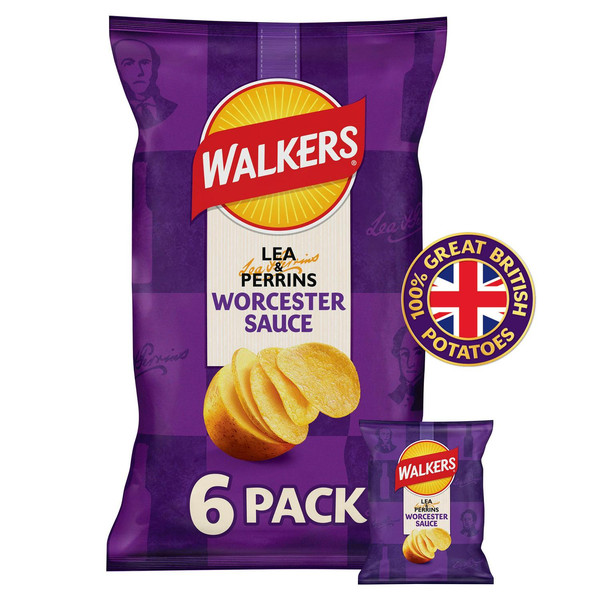 Walkers Lea and Perrins Worcester Sauce Crisps, 6 x 25g, front of pack, available at crisps.biz